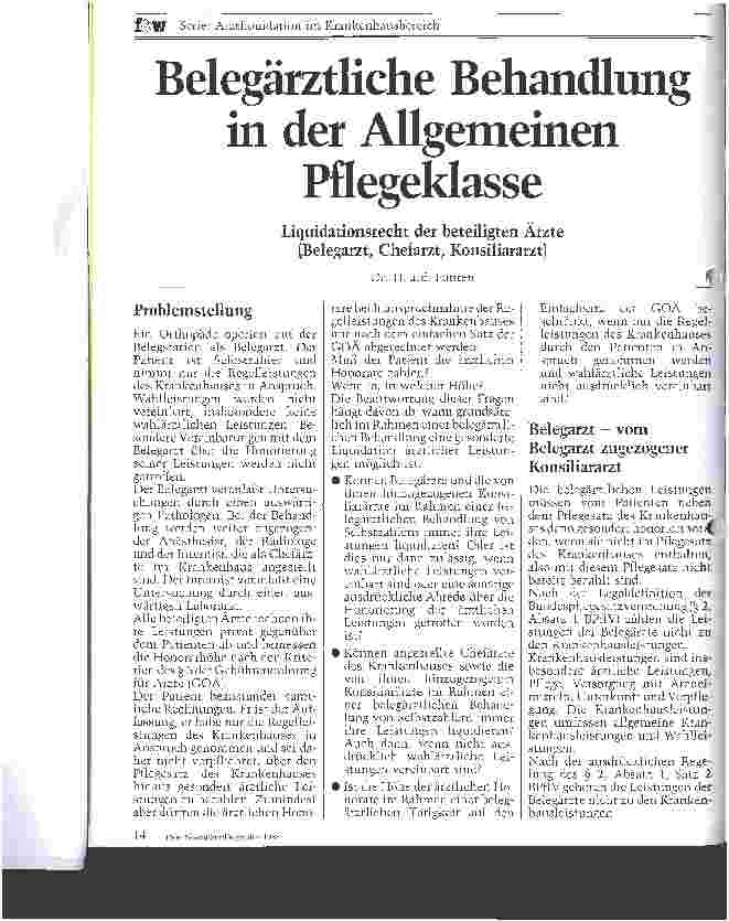 Vorschauseite 1: Belegärztliche Behandlung in der Allgemeinen Pflegeklasse / Liquiditionsrecht der beteiligten Ärzte (Belegarzt, Chefarzt, Konsiliararzt)