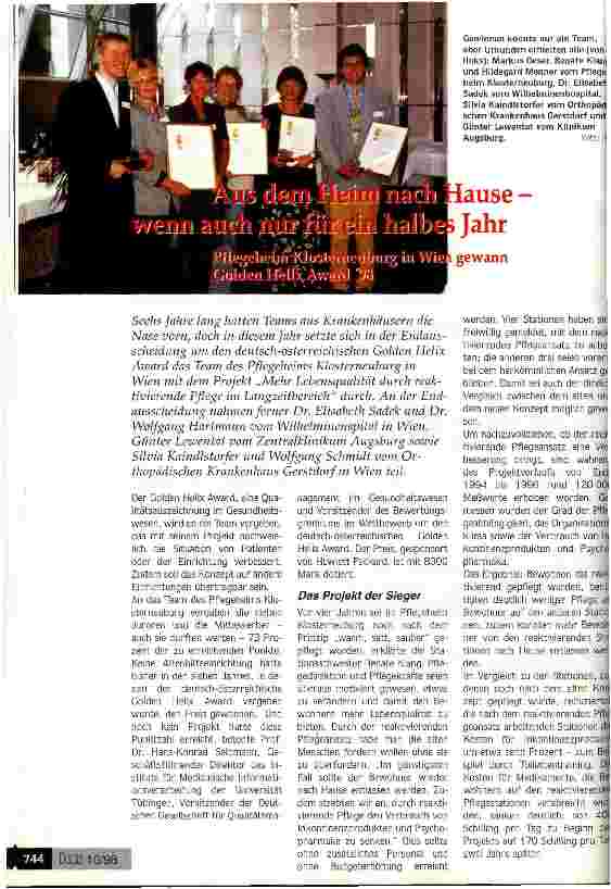 Vorschauseite 1: Aus dem Heim nach Hause - wenn auch nur für ein halbes Jahr Pflegeheim Klosterneuburg in Wien gewann Golden Helix Award 98