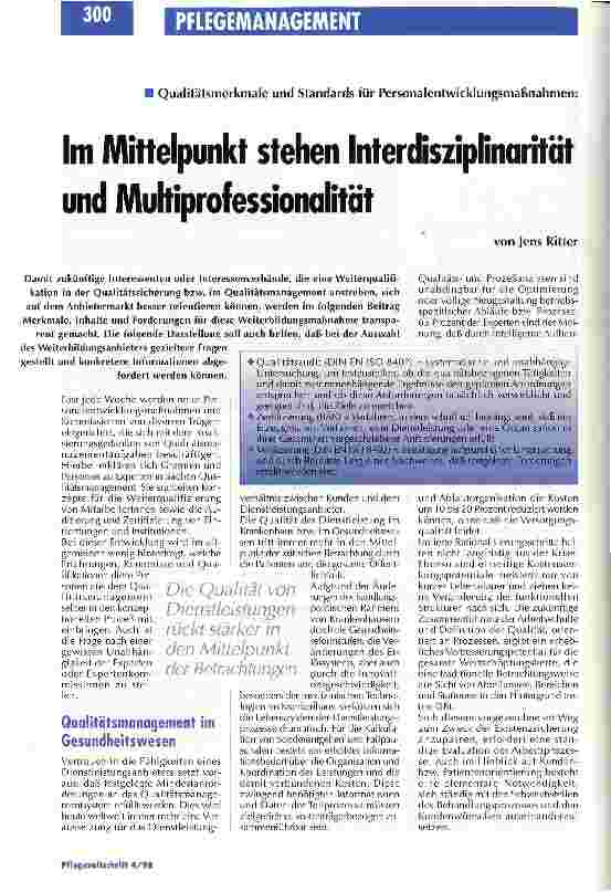 Vorschauseite 1: Im Mittelpunkt stehen Interdisziplinarität und Multiprofessionalität Qualitätsmerkmale und Standards für Personalentwicklungsmaßnahmen
