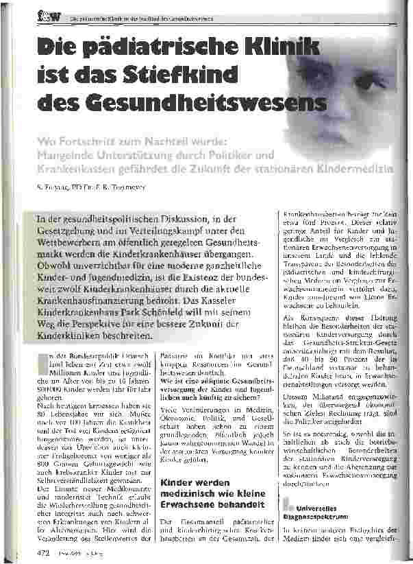 Vorschauseite 1: Die pädiatrische Klinik ist das Stiefkind des Gesundheitswesens Mangelnde Unterstützung durch Politiker und Krankenkassen