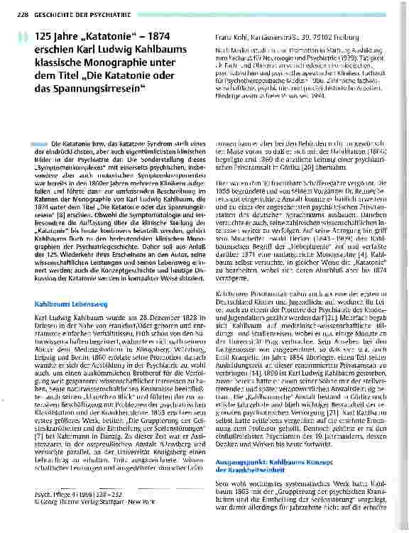 Vorschauseite 1: 125 Jahre Katatonie - 1874 erschien Karl Ludwig Kahlbaums klassische Monographie unter dem Titel Die Katatonie oder das Spannungsirresein
