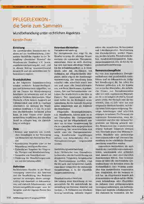 Vorschauseite 1: PFLEGELEXIKONdie Serie zum Sammeln Wundbehandlung unter rechtlichen Aspekten Kerstin Protz