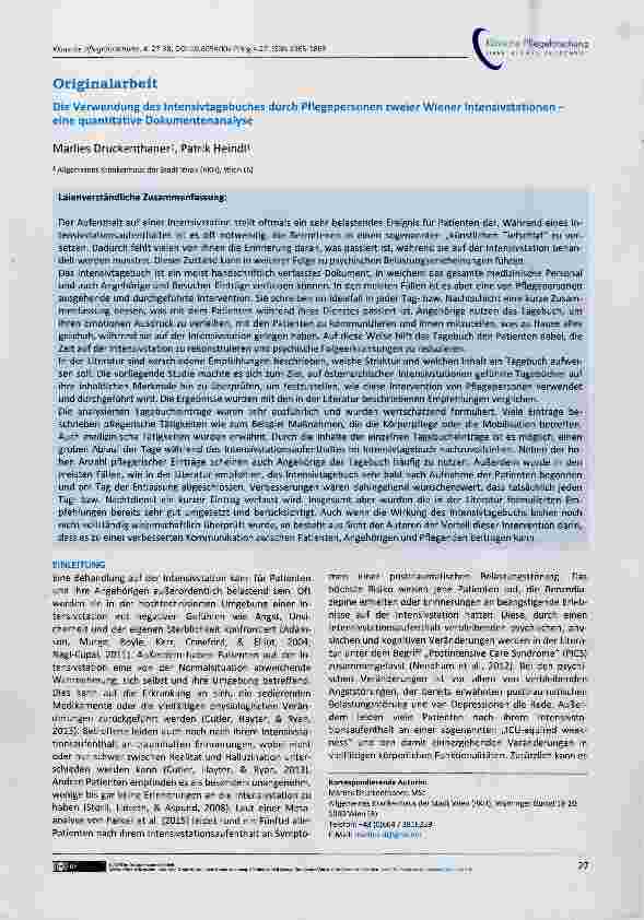 Vorschauseite 1: Originalarbeit Die Verwendung des Intensivtagebuches durch Pflegepersonen zweier Wiener Intensivstationen - eine quantitative Dokumentenanalyse