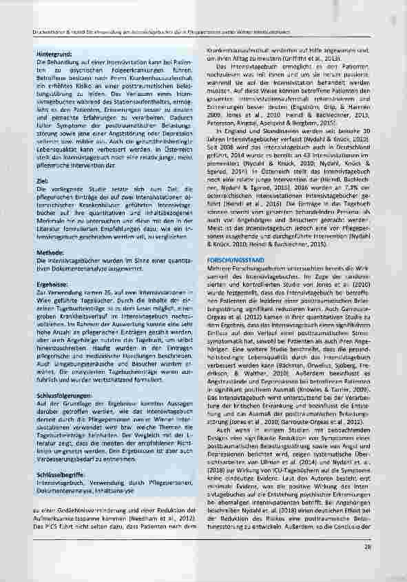 Vorschauseite 2: Originalarbeit Die Verwendung des Intensivtagebuches durch Pflegepersonen zweier Wiener Intensivstationen - eine quantitative Dokumentenanalyse