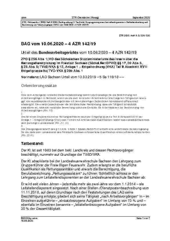 Vorschauseite 1: BAG vom 10. 06. 2020 – 4 AZR 142/19 Urteil des Bundesarbeitsgerichts vom 10. 06. 2020 – 4 AZR 142/19 ZPO § 256 Abs. 1; VO des Sächsischen Staatsministeriums des Innern über die Re…