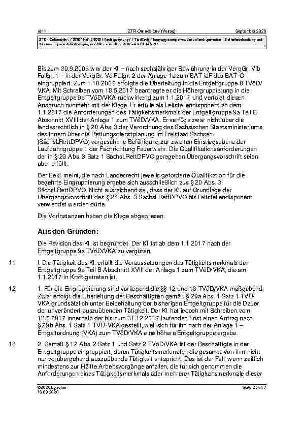 Vorschauseite 2: BAG vom 10. 06. 2020 – 4 AZR 142/19 Urteil des Bundesarbeitsgerichts vom 10. 06. 2020 – 4 AZR 142/19 ZPO § 256 Abs. 1; VO des Sächsischen Staatsministeriums des Innern über die Re…
