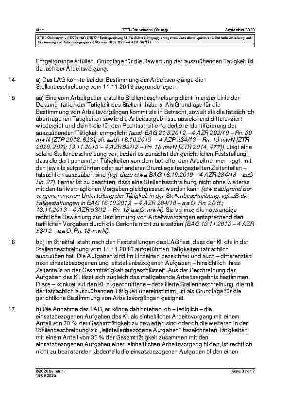 Vorschauseite 3: BAG vom 10. 06. 2020 – 4 AZR 142/19 Urteil des Bundesarbeitsgerichts vom 10. 06. 2020 – 4 AZR 142/19 ZPO § 256 Abs. 1; VO des Sächsischen Staatsministeriums des Innern über die Re…