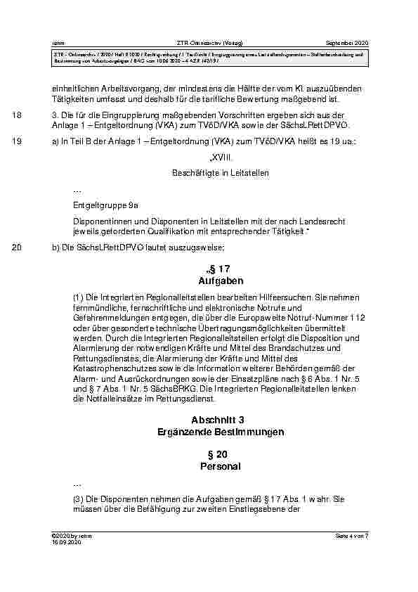 Vorschauseite 4: BAG vom 10. 06. 2020 – 4 AZR 142/19 Urteil des Bundesarbeitsgerichts vom 10. 06. 2020 – 4 AZR 142/19 ZPO § 256 Abs. 1; VO des Sächsischen Staatsministeriums des Innern über die Re…