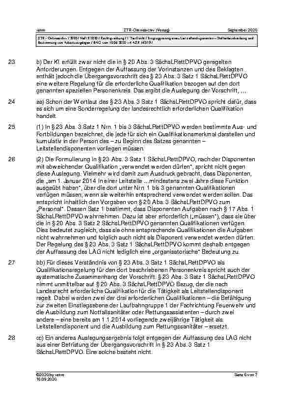 Vorschauseite 6: BAG vom 10. 06. 2020 – 4 AZR 142/19 Urteil des Bundesarbeitsgerichts vom 10. 06. 2020 – 4 AZR 142/19 ZPO § 256 Abs. 1; VO des Sächsischen Staatsministeriums des Innern über die Re…