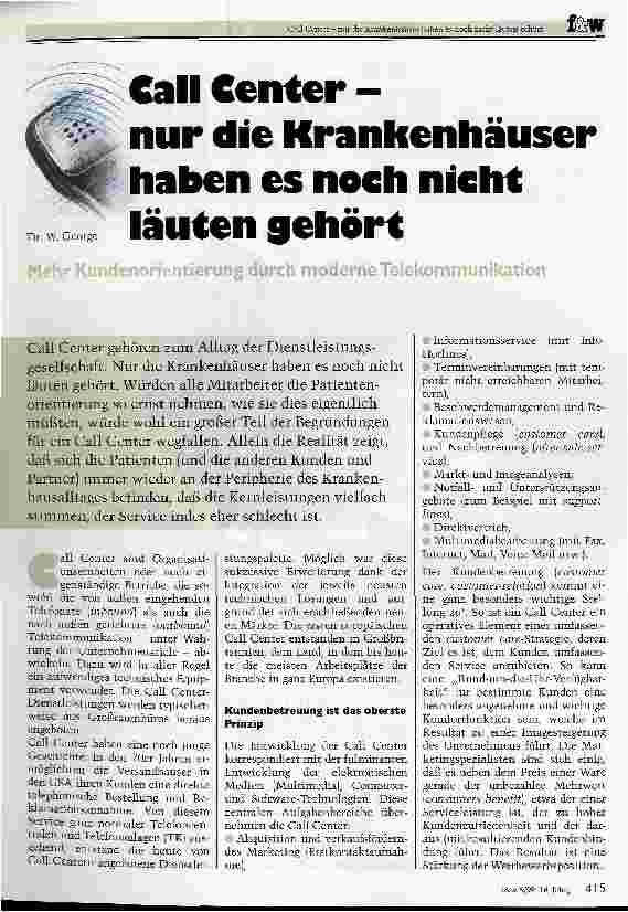 Vorschauseite 1: Call Center - nur die Krankenhäuser haben es noch nicht läuten gehört Mehr Kundenorientierung durch moderne Telekommunikation