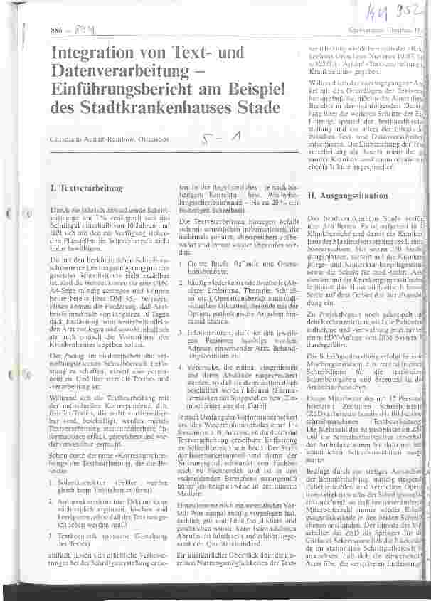 Vorschauseite 1: Integration von Textund Datenverarbeitung - Einführungsbericht am Beispiel des Stadtkrankenhauses Stade