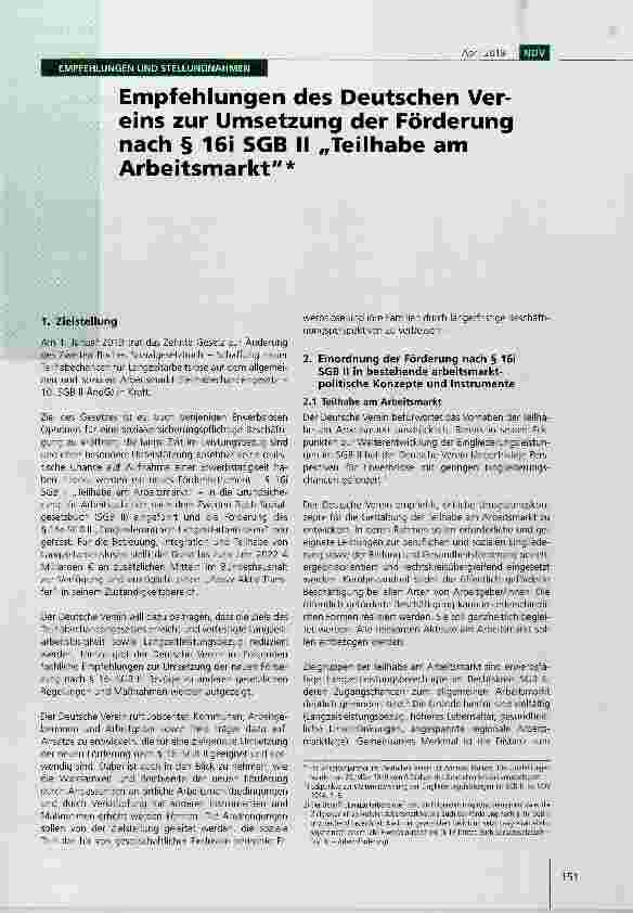 Vorschauseite 1: Empfehlungen des Deutschen Vereins zur Umsetzung der Förderung nach § 16i SGB II „Teilhabe am Arbeitsmarkt*