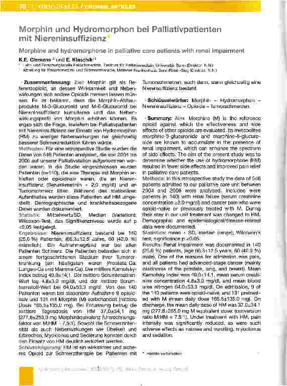 Vorschauseite 1: Morphin und Hydromorphon bei Palliativpatienten mit Niereninsuffizienz
