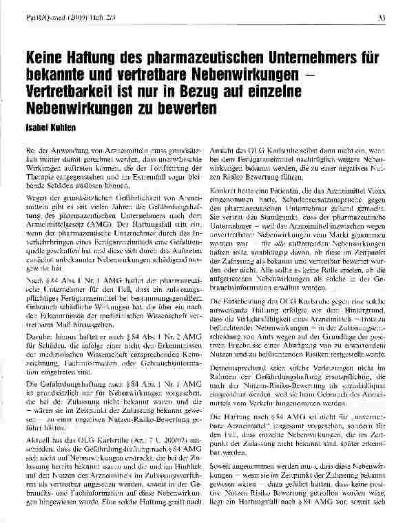 Vorschauseite 1: Keine Haftung des pharmazeutischen Unternehmers für bekannte und vertretbare Nebenwirkungen -Vertretbarkeit ist nur in Bezug auf einzelne Nebenwirkungen zu bewerten