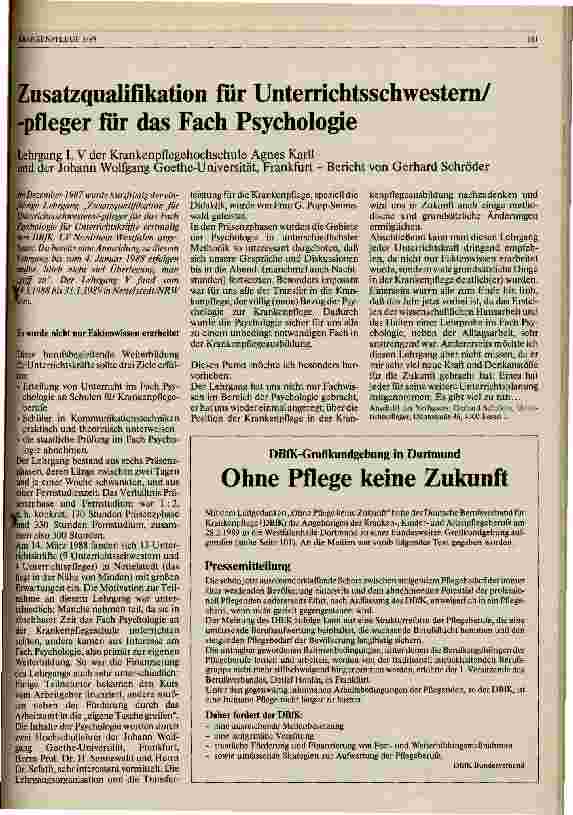 Vorschauseite 1: Zusatzqualifikation für Unterrichtsschwestern/-pfleger für das Fach Psychologie // Lehrgang L V der Krankenpflegehochschule Agnes Karll