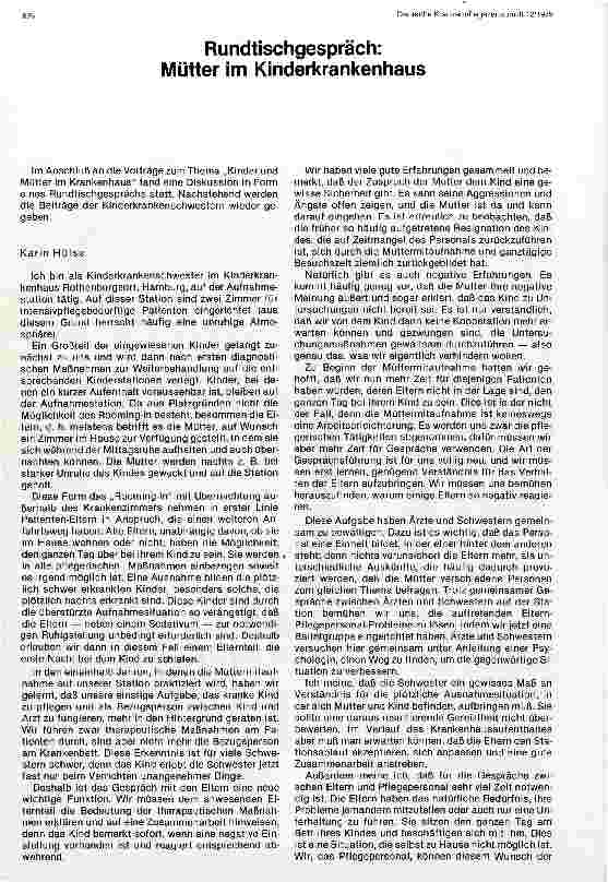 Vorschauseite 1: Rundtischgespräch: Mütter im Kinderkrankenhaus