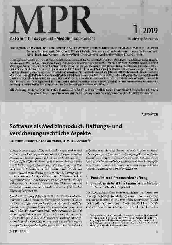 Vorschauseite 1: Software als Medizinprodukt: Haftungsund versicherungsrechtliche Aspekte