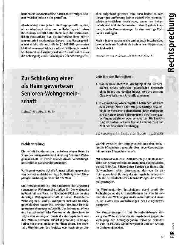 Vorschauseite 1: Zur Schließung einer als Heim gewerteten Senioren-Wohngemeinschaft