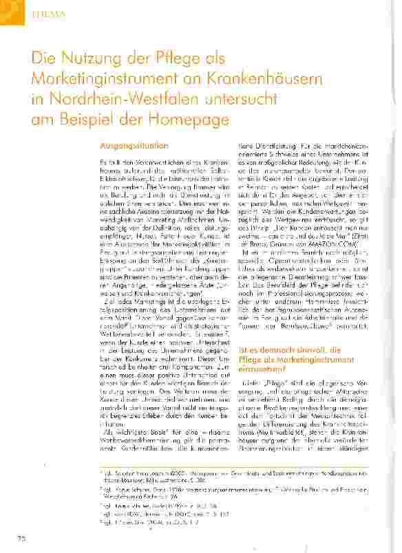 Vorschauseite 1: Die Nutzung der Pflege als Marketinginstrument an Krankenhäusern in Nordrhein-Westfalen untersucht am Beispiel der Homepage