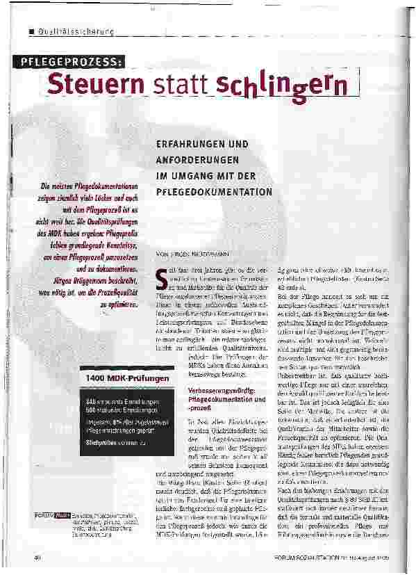 Vorschauseite 1: Steuern statt schlingern Erfahrungen und Anforderungen im Umgang mit der Pflegedokumentation