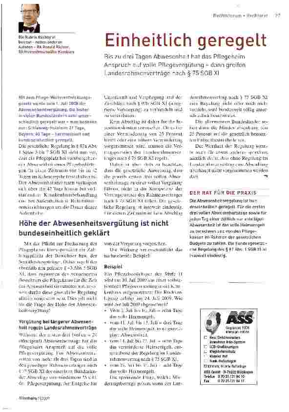 Vorschauseite 1: Einheitlich geregelt Bis zu drei Tagen Abwesenheit hat das Pflegeheim Anspruch auf volle Pflegevergütung - dann greifen Landesrahmenverträge nach § 75 SGB XI