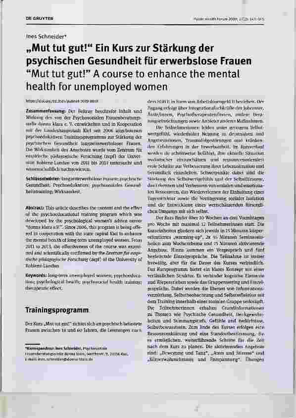 Vorschauseite 1: „Mut tut gut!“ Ein Kurs zur Stärkung der psychischen Gesundheit für erwerbslose Frauen