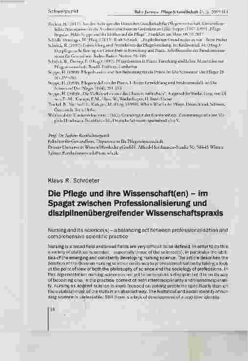 Vorschauseite 1: Die Pflege und ihre Wissenschaft(en) im Spagat zwischen Professionalisierung und disziplinenübergreifender Wissenschaftspraxis