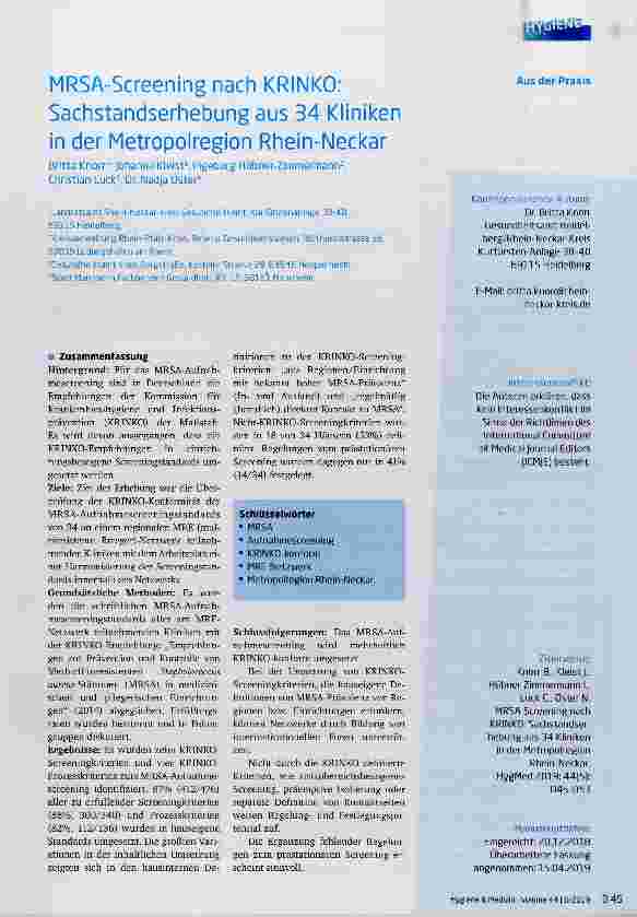 Vorschauseite 1: MRSA-Screening nach KRINKO: Sachstandserhebung aus 34 Kliniken in der Metropolregion Rhein-Neckar