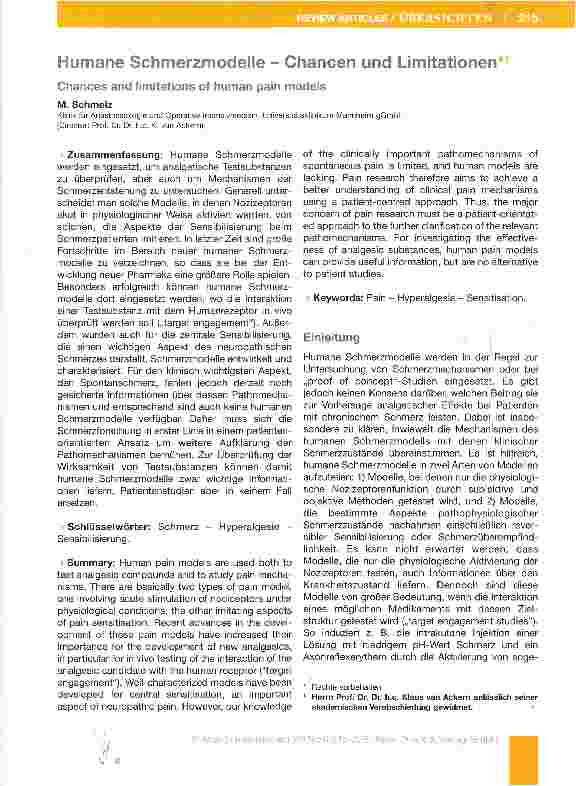 Vorschauseite 1: Humane Schmerzmodelle - Chancen und Limitationen