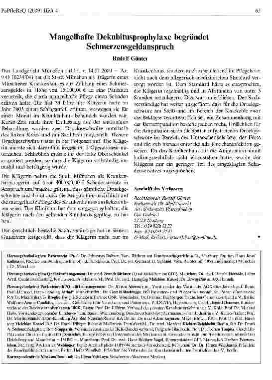 Vorschauseite 1: Mangelhafte Dekubitusprophylaxe begründet Schmerzensgeldanspruch