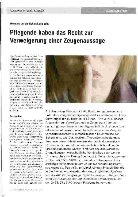Vorschauseite 1: Pflegende haben das Recht zur Verweigerung einer Zeugenaussage