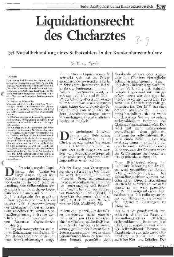 Vorschauseite 1: Liquidationsrecht des Chefarztes bei Notfallbehandlung eines Selbstzahlers in der Krankenhausambulanz