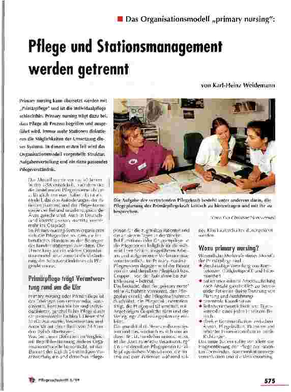 Vorschauseite 1: Pflege und Stationsmanagement werden getrennt Das Organisationsmdell primary nursing