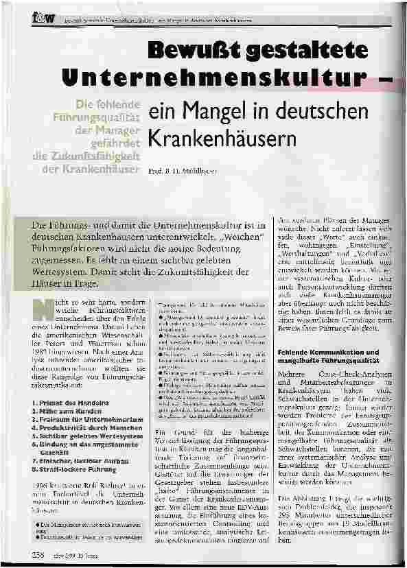 Vorschauseite 1: Bewußt gestaltete Unternehmenskultur - ein Mangel in deutschen Krankenhäusern Die fehlende Führungsqualität der Manager gefährdet die Zukunftsfähigkeit der Krankenhäuser