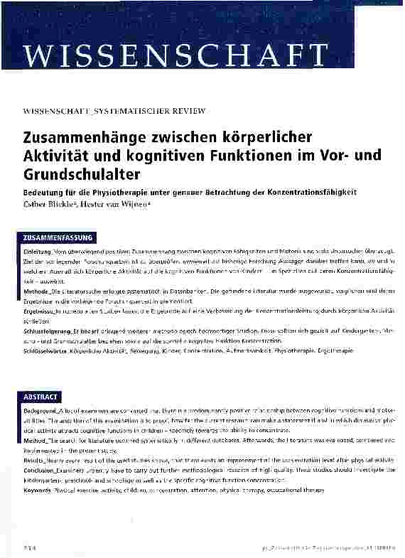 Vorschauseite 1: Zusammenhänge zwischen körperlicher Aktivität und kognitiven Funktionen im Vorund Grundschulalter