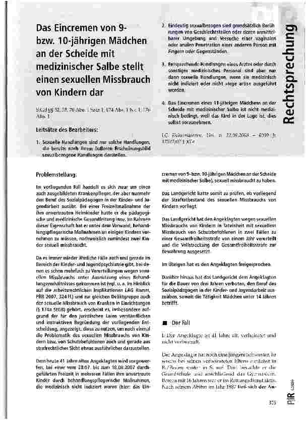 Vorschauseite 1: Das Eincremen von 9 bzw. 10-jährigen Mädchen an der Scheide mit medizinischer Salbe stellt einen sexuellen Missbrauch von Kindern dar