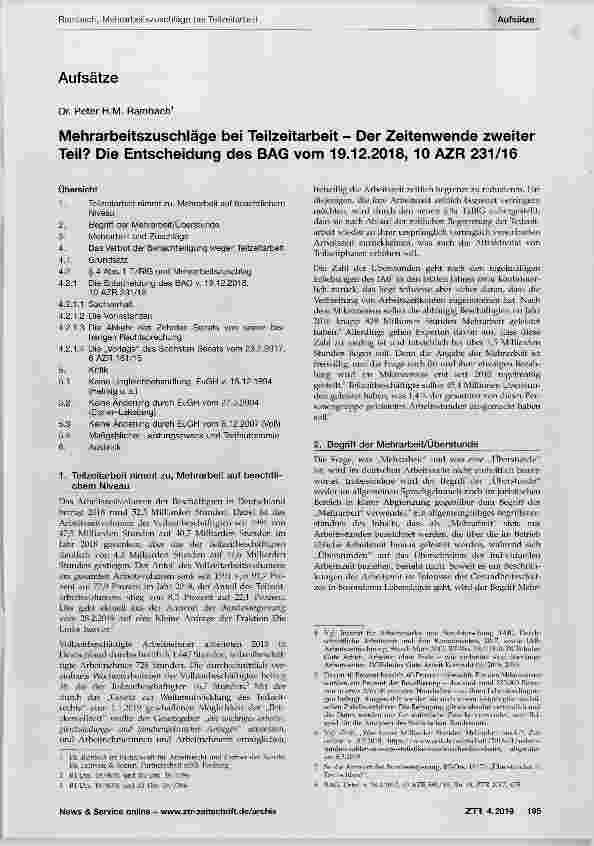 Vorschauseite 1: Mehrarbeitszuschläge bei Teilzeitarbeit - Der Zeitenwende zweiter Teil? Die Entscheidung des BAG vom 19.12.2018, 10 AZR 231/16