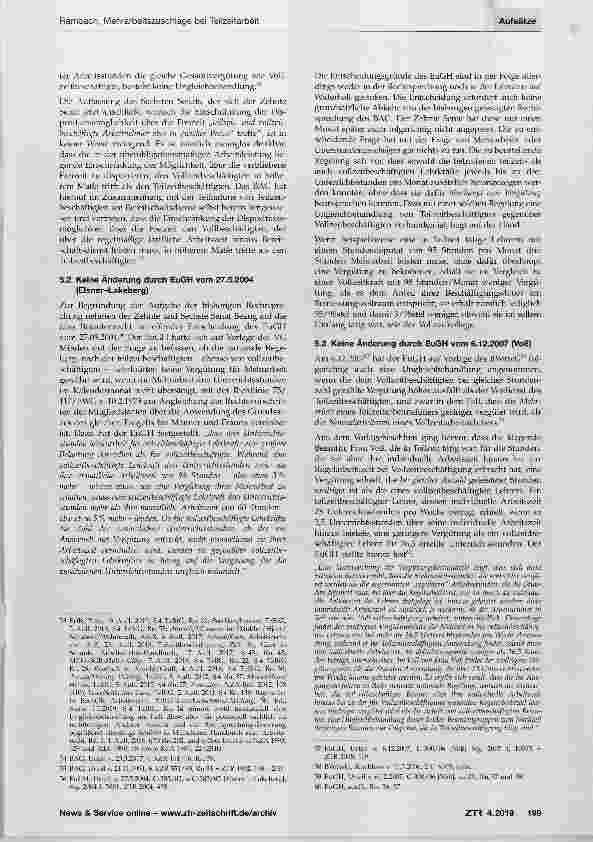 Vorschauseite 5: Mehrarbeitszuschläge bei Teilzeitarbeit - Der Zeitenwende zweiter Teil? Die Entscheidung des BAG vom 19.12.2018, 10 AZR 231/16