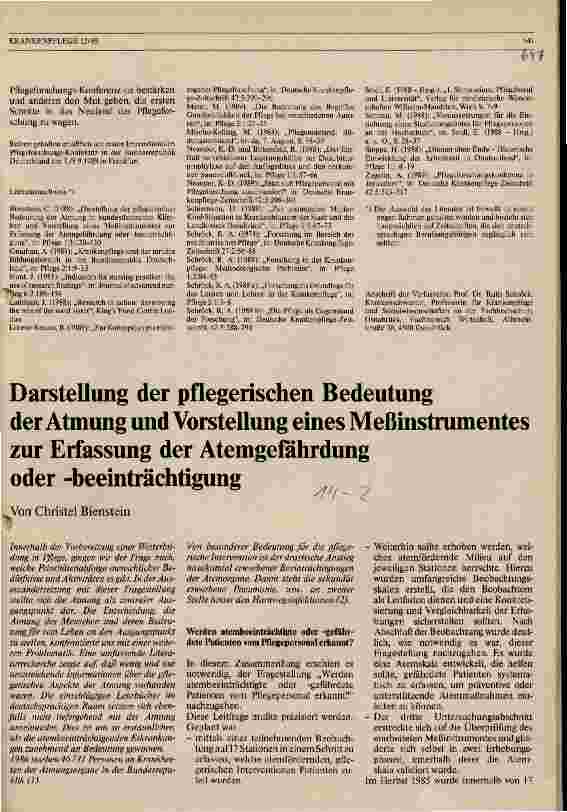 Vorschauseite 1: Darstelllung der pflegerischen Bedeutung der Atmung und Vorstellung eines Meßinstrumentes zur Erfassung der Atemgefährdung
