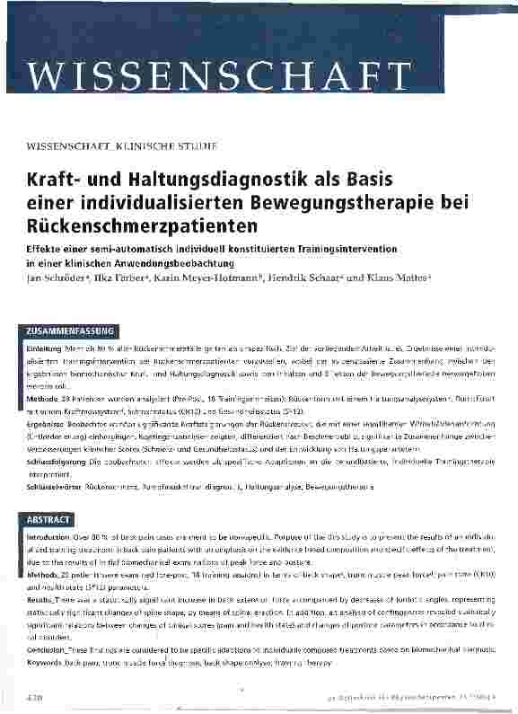 Vorschauseite 1: Kraftund Haltungsdiagnostik als Basis einer individualisierten Bewegungstherapie beiRückenschmerzpatienten