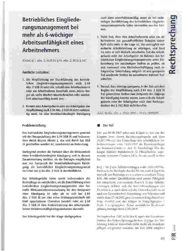 Vorschauseite 1: Betriebliches Eingliederungsmanagement bei mehr als 6-wöchiger Arbeitsunfähigkeit eines Arbeitnehmers