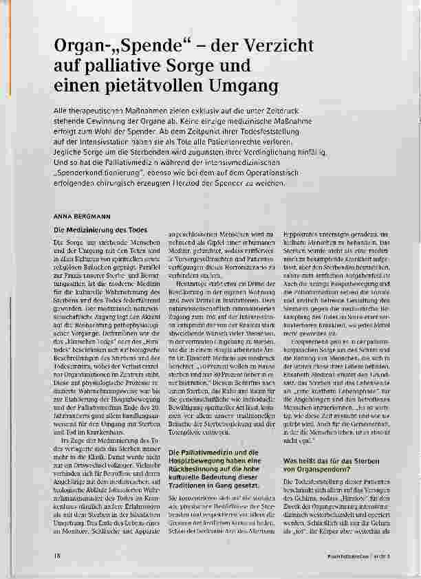 Vorschauseite 1: Organ-„Spende“ der Verzicht auf palliative Sorge und einen pietätvollen Umgang