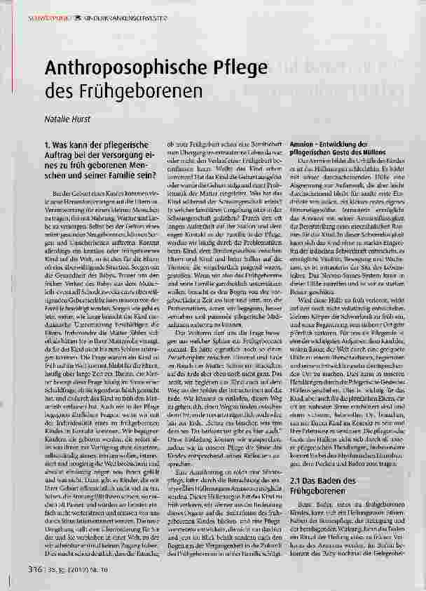 Vorschauseite 1: Anthroposophische Pflege des Frühgeborenen