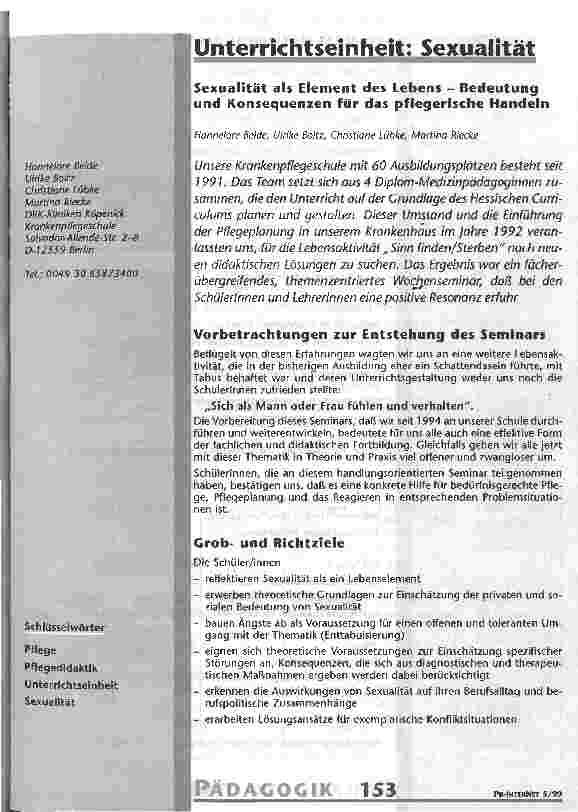 Vorschauseite 1: Unterrichtseinheit: Sexualität Sexualität als Element des Lebens - Bedeutung und Konsequenzen für das pflegerische Handeln