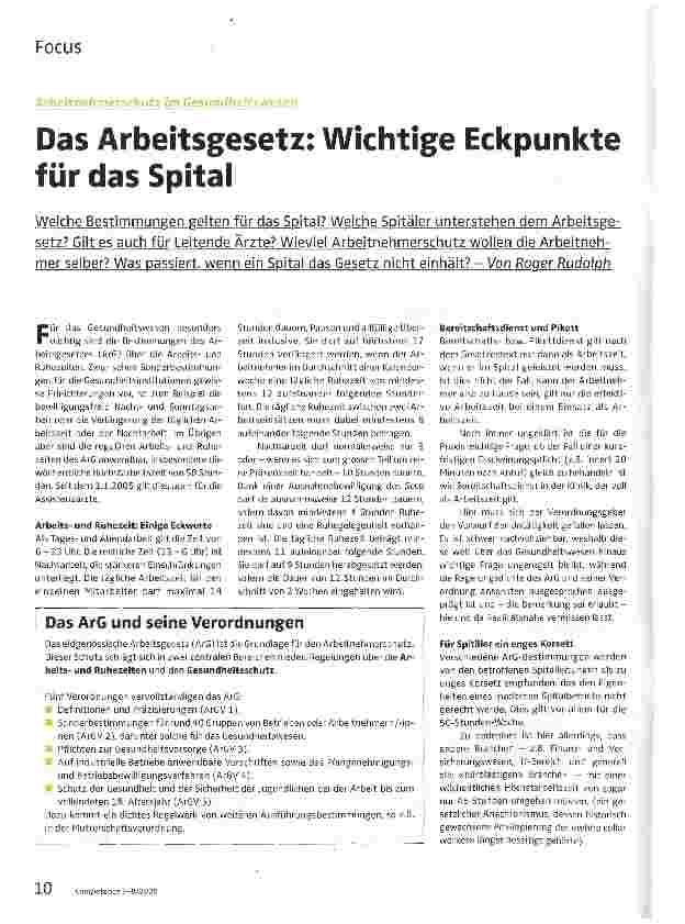 Vorschauseite 1: Das Arbeitsgesetz: Wichtige Eckpunkte das Spital