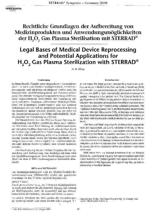 Vorschauseite 1: Rechtliche Grundlagen der Aufbereitung vonMedizinprodukten und Anwendungsmöglichkeitender H2O2 Gas Plasma Sterilisation mit STERRAD®
