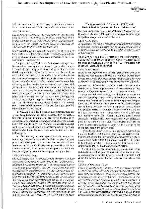 Vorschauseite 2: Rechtliche Grundlagen der Aufbereitung vonMedizinprodukten und Anwendungsmöglichkeitender H2O2 Gas Plasma Sterilisation mit STERRAD®