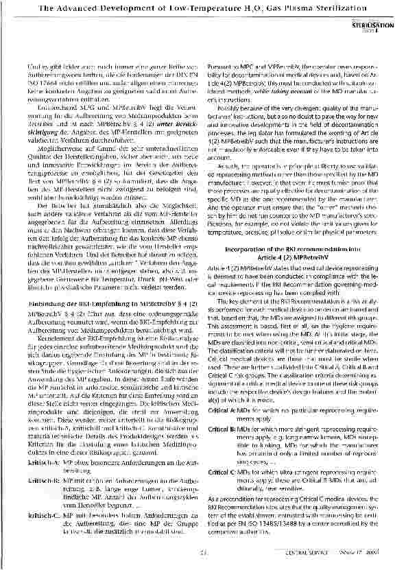 Vorschauseite 4: Rechtliche Grundlagen der Aufbereitung vonMedizinprodukten und Anwendungsmöglichkeitender H2O2 Gas Plasma Sterilisation mit STERRAD®