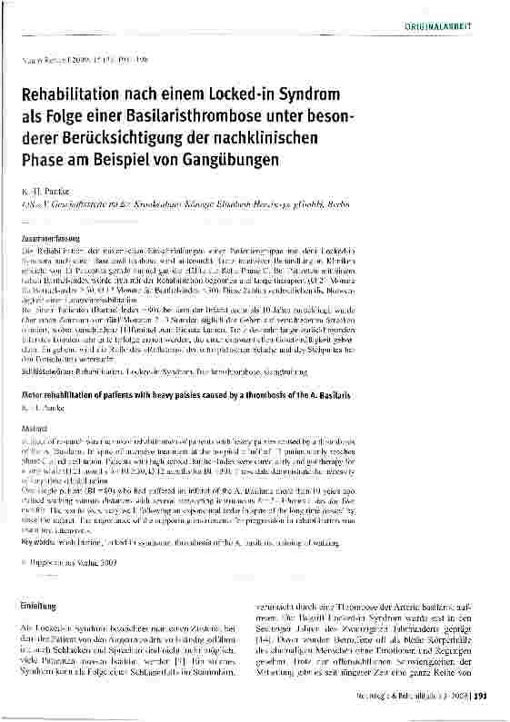 Vorschauseite 1: Rehabilitation nach einem Locked-in Syndrom als Folge einer Basilaristhrombose unter besonderer Berücksichtigung der nachklinischen Phase am Beispiel von Gangübungen