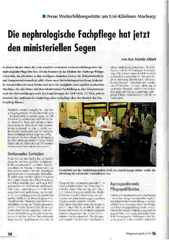 Vorschauseite 1: Neue Weiterbildungsstätte am Uni-Klinikum Marburg: Die nephrologische Fachpflege hat jetzt den ministeriellen Segen